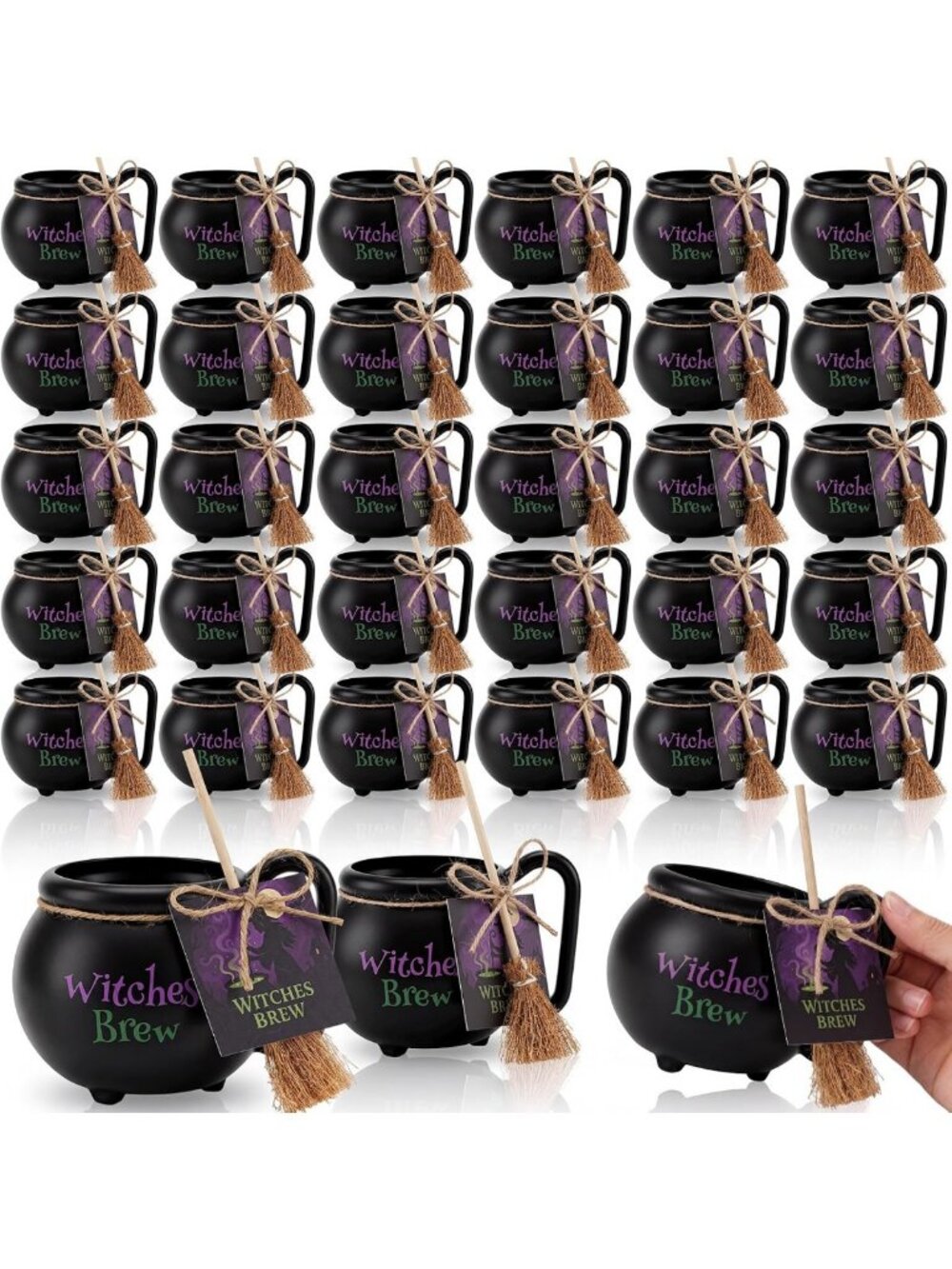 92 Pcs Halloween Cauldron Mugs Set with Broom & Tag - 15 oz Witch Decor